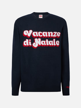 Blue sweater Heron with Vacanze di Natale logo jacquard | VACANZE DI NATALE SPECIAL EDITION