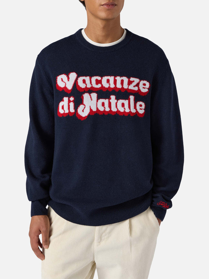 Blue sweater Heron with Vacanze di Natale logo jacquard | VACANZE DI NATALE SPECIAL EDITION