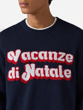 Blue sweater Heron with Vacanze di Natale logo jacquard | VACANZE DI NATALE SPECIAL EDITION