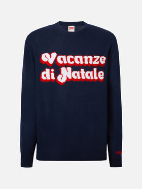 Blue sweater Heron with Vacanze di Natale logo jacquard | VACANZE DI NATALE SPECIAL EDITION
