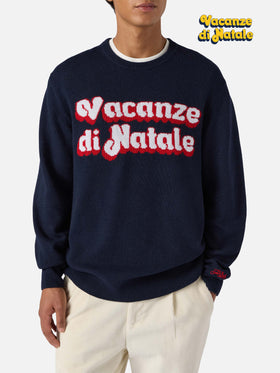 Blue sweater Heron with Vacanze di Natale logo jacquard | VACANZE DI NATALE SPECIAL EDITION