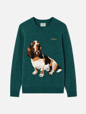 Dark green Heron donegal crewneck sweater with basset hound jacquard