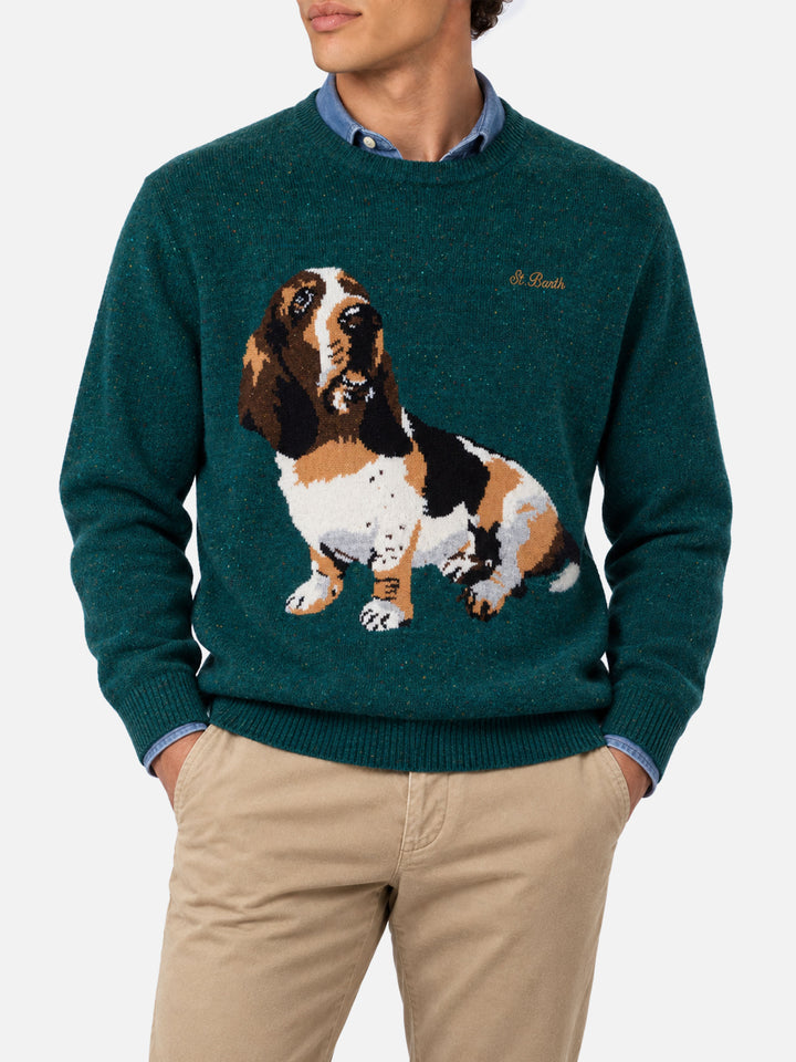 Maglione Heron verde scuro in misto lana donegal con jacquard basset hound