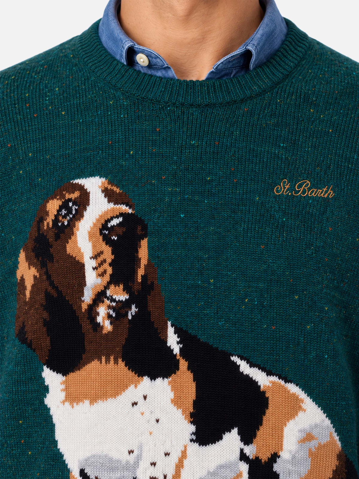 Dark green Heron donegal crewneck sweater with basset hound jacquard