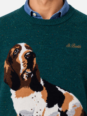 Dark green Heron donegal crewneck sweater with basset hound jacquard