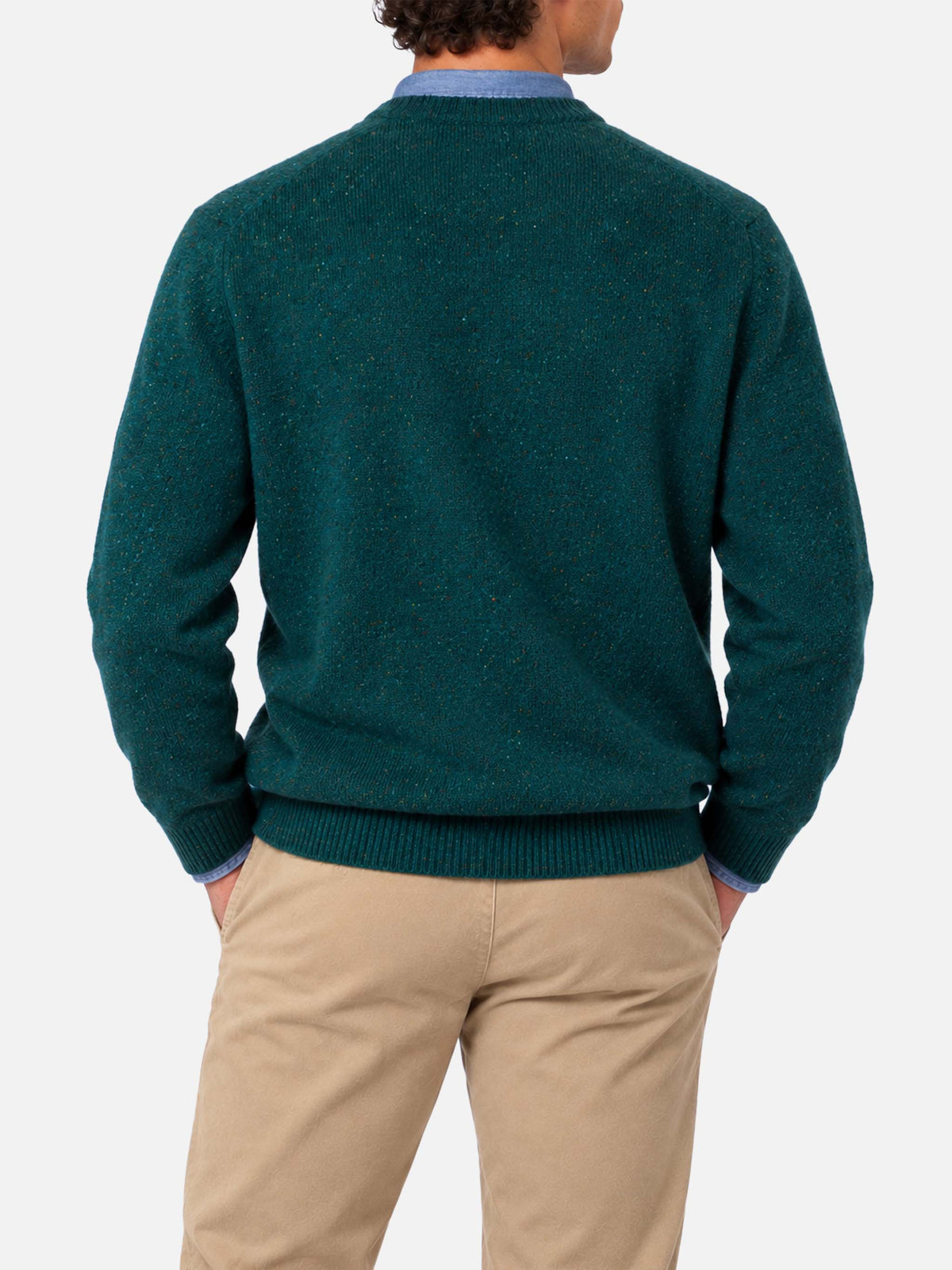 Dark green Heron donegal crewneck sweater with basset hound jacquard