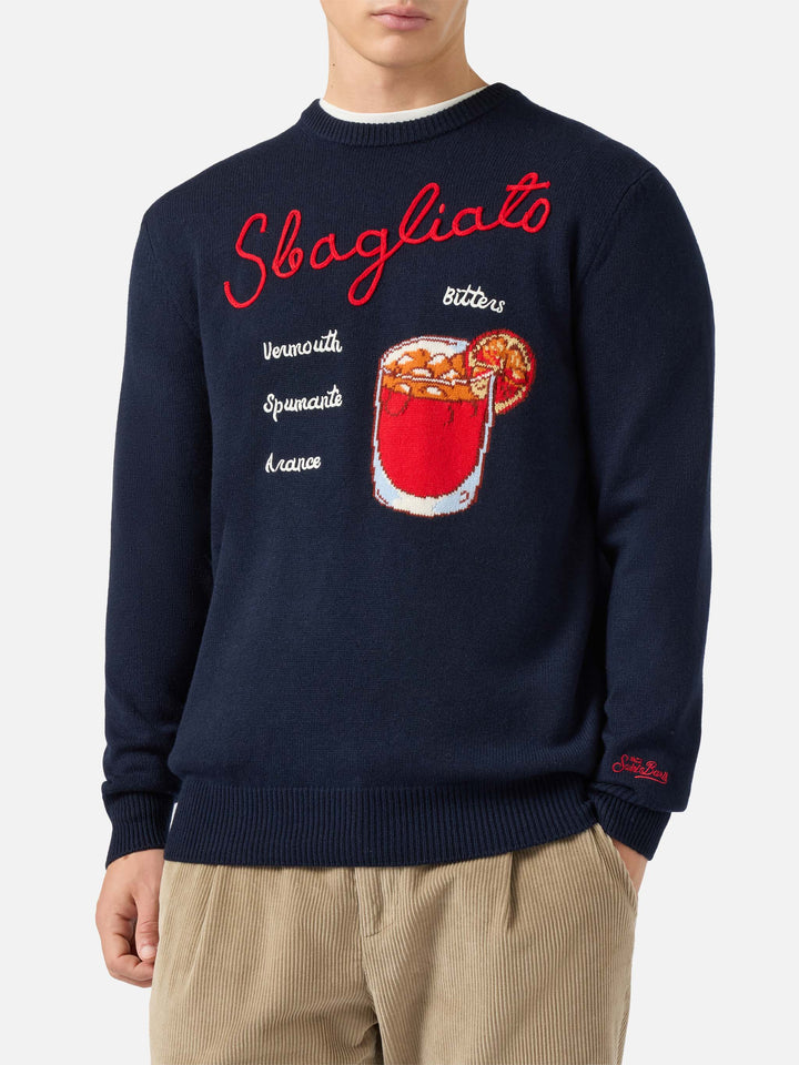 Blauer Pullover mit Reihermotiv und Sbagliato-Stickerei