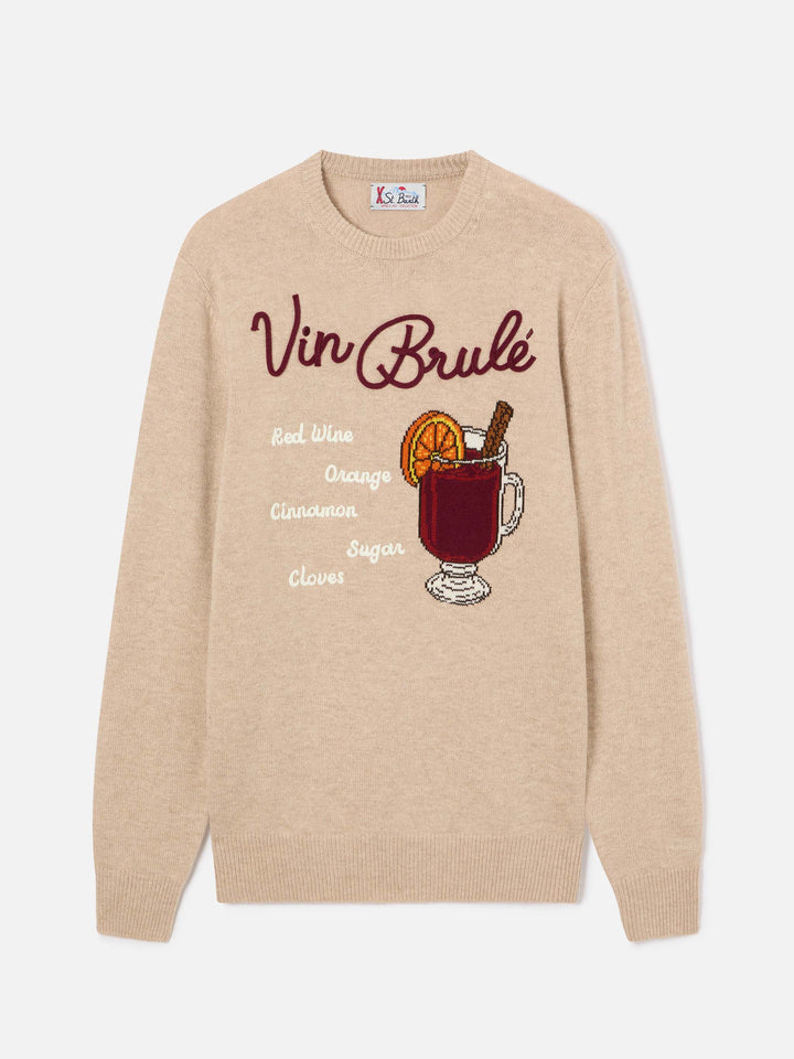 Maglia girocollo Heron beige con intarsio e ricamo Vin Brulé