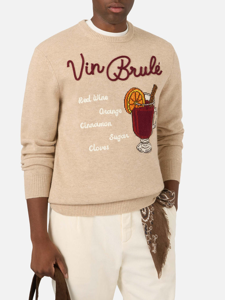 Maglia girocollo Heron beige con intarsio e ricamo Vin Brulé