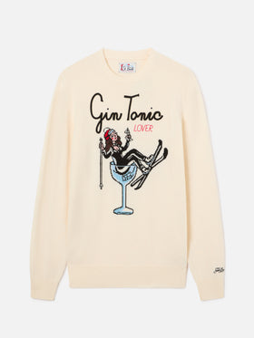 Maglia girocollo Heron off white con intarsio e ricamo Gin Tonic
