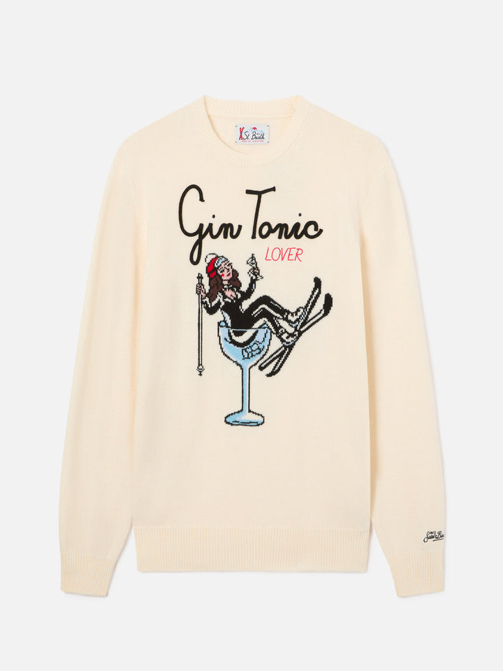 Maglia girocollo Heron off white con intarsio e ricamo Gin Tonic