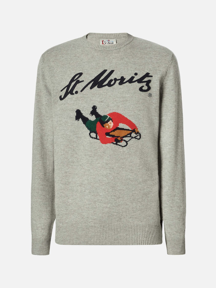 Heron sweater in grey with St. Moritz jacquard and patch | ST. MORITZ TOP OF THE WORLD SPECIAL EDITION