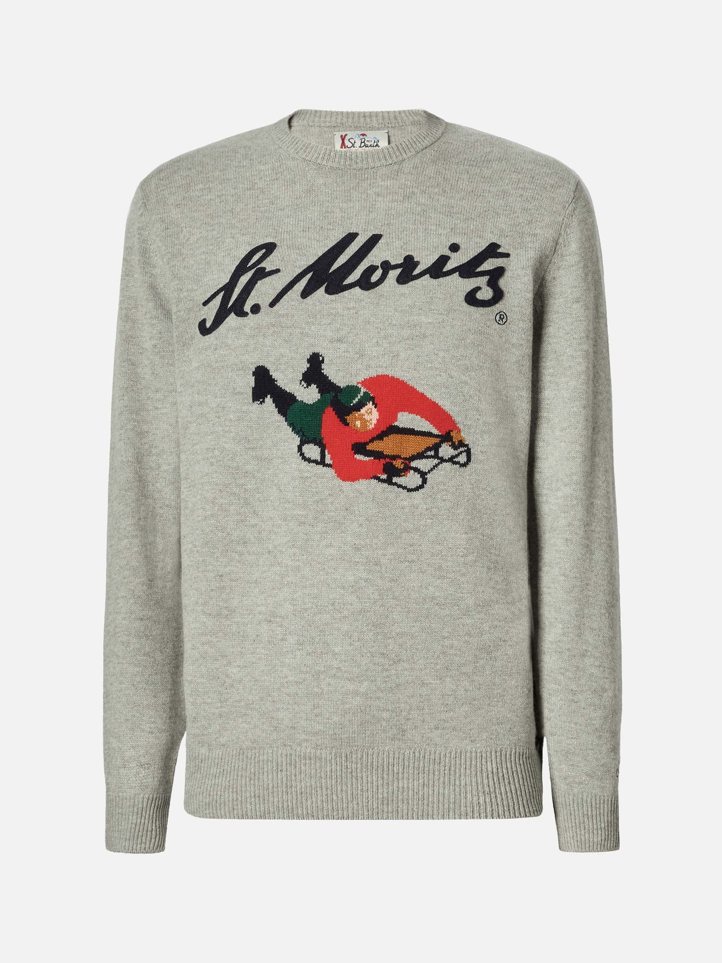 Grauer Heron-Pullover mit St. Moritz-Jacquardmuster und -Aufnäher | ST. MORITZ TOP OF THE WORLD SPECIAL EDITION