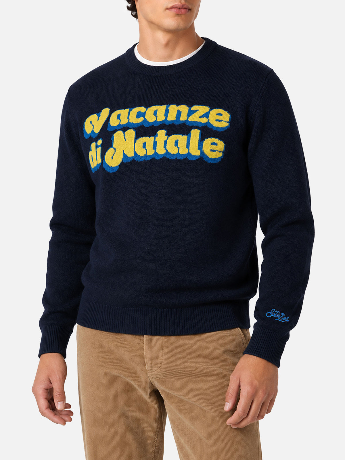 Navy blue Heron crewneck sweater with Vacanze di Natale logo jacquard | Special edition