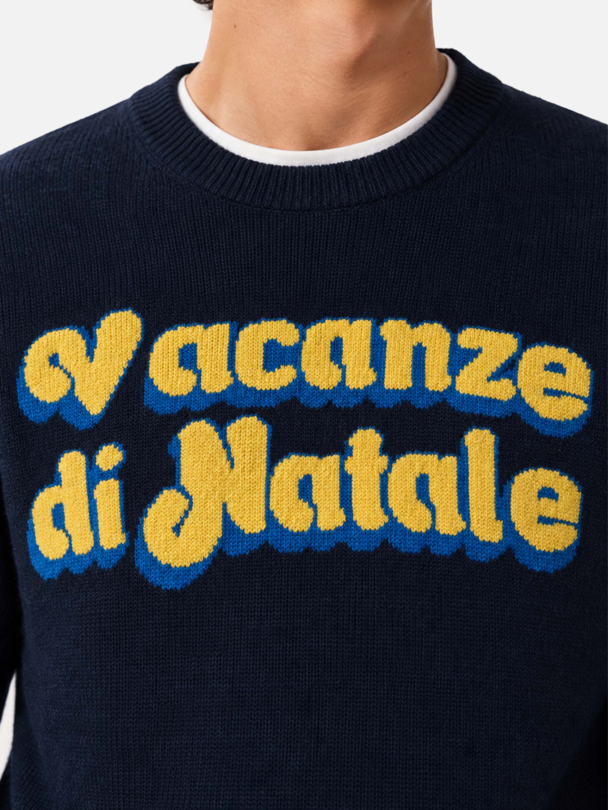 Navy blue Heron crewneck sweater with Vacanze di Natale logo jacquard | Special edition