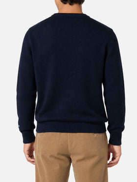 Navy blue Heron crewneck sweater with Vacanze di Natale logo jacquard | Special edition