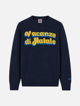 Navy blue Heron crewneck sweater with Vacanze di Natale logo jacquard | Special edition