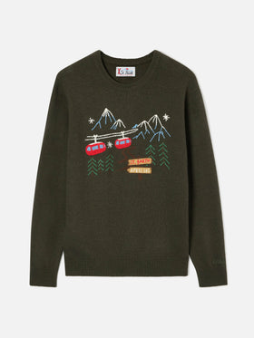 Crewneck-Strickpullover Heron in Militärgrün mit Bergstickerei 