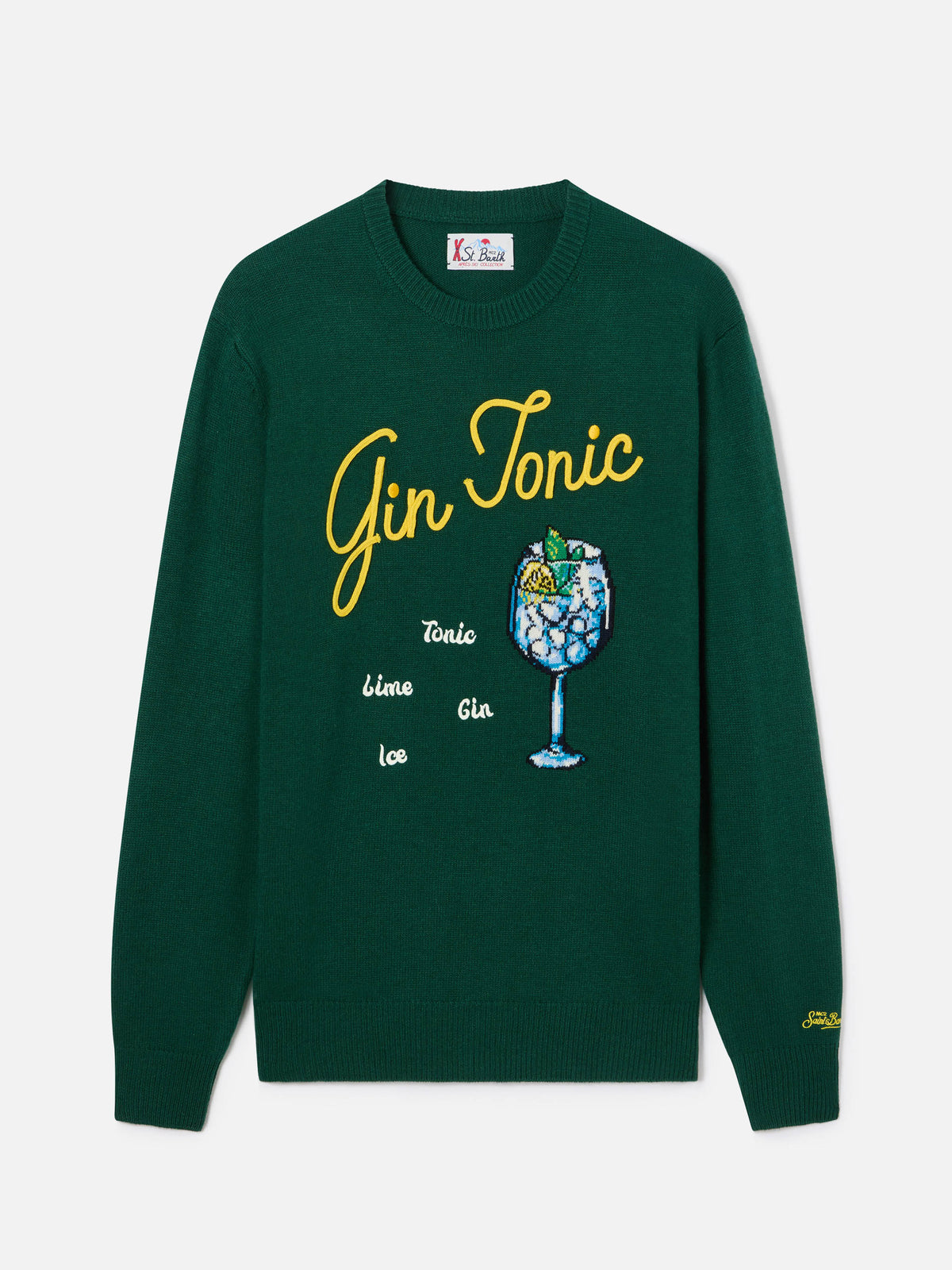 Maglia girocollo Heron verde con intarsio e ricamo Gin Tonic
