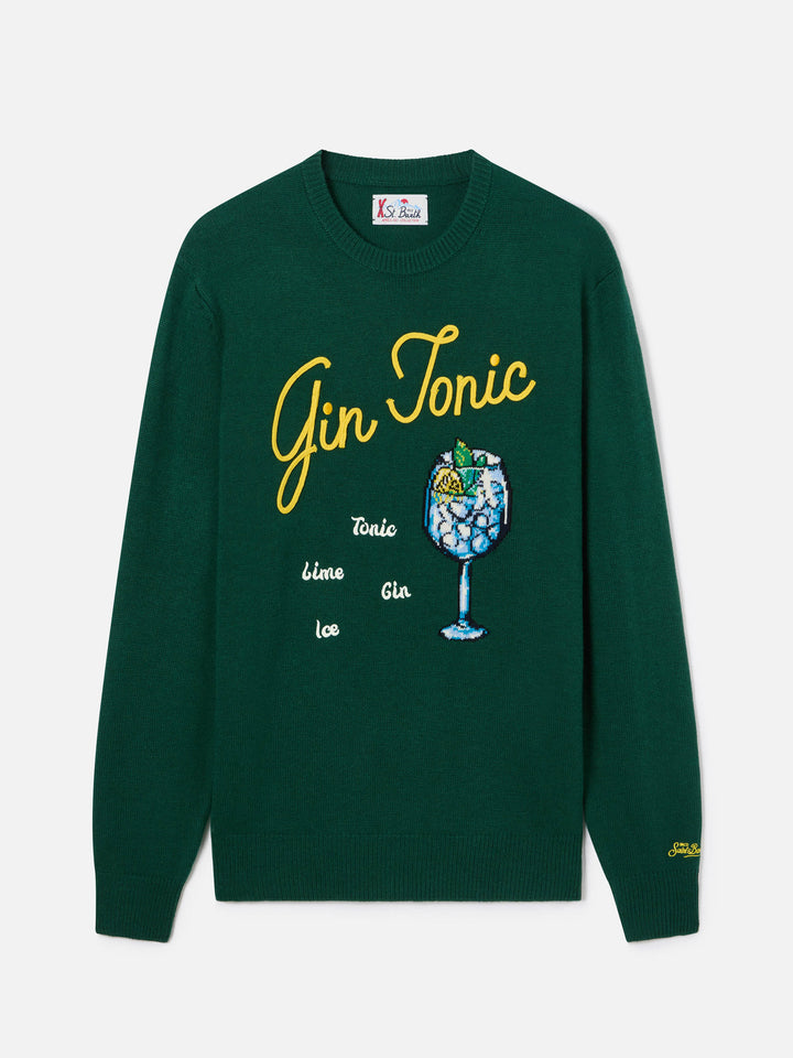 Maglia girocollo Heron verde con intarsio e ricamo Gin Tonic