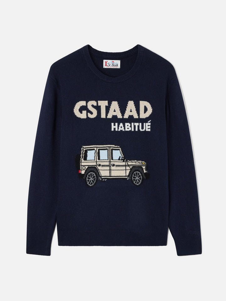 Pull en maille col rond Heron Navy blue avec intarsia Gstaad Habitué 