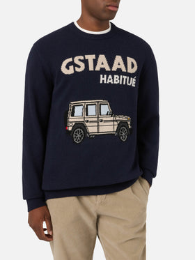 Navy blue Heron crewneck knit with Gstaad Habitué intarsia