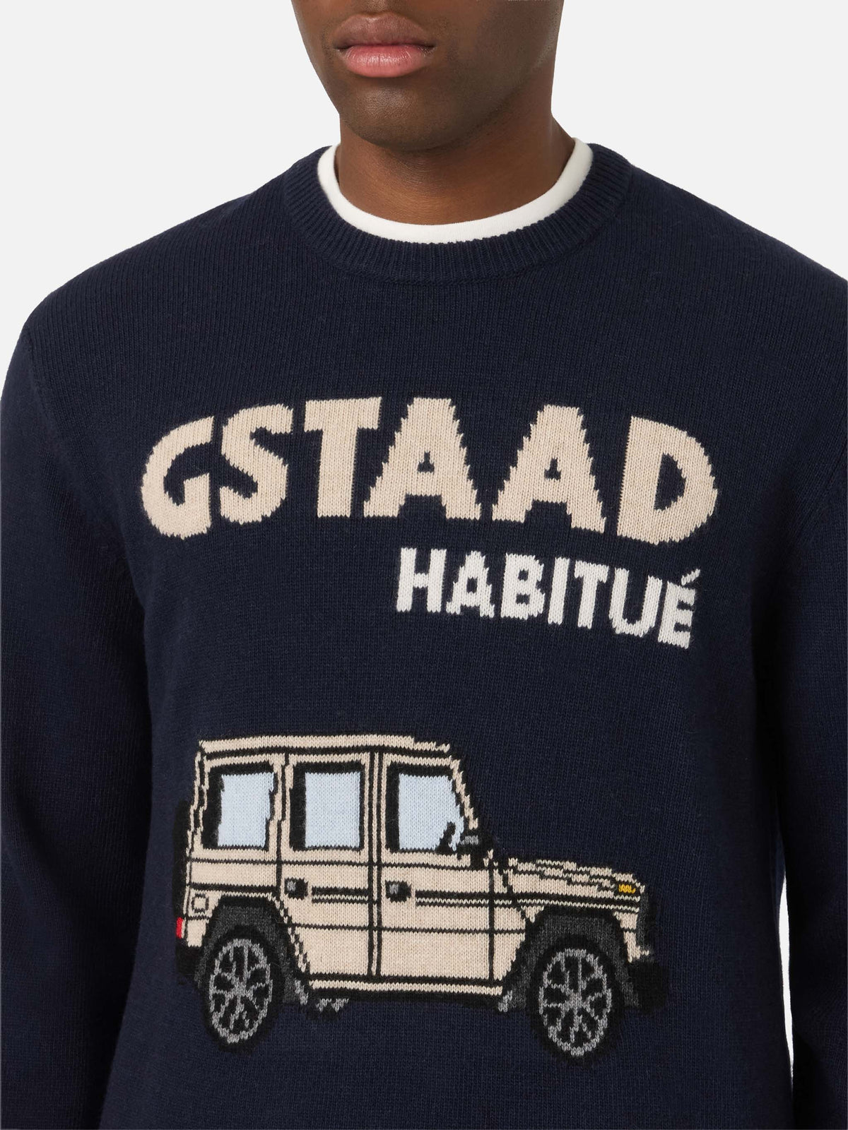 Navy blue Heron crewneck knit with Gstaad Habitué intarsia