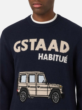 Navy blue Heron crewneck knit with Gstaad Habitué intarsia