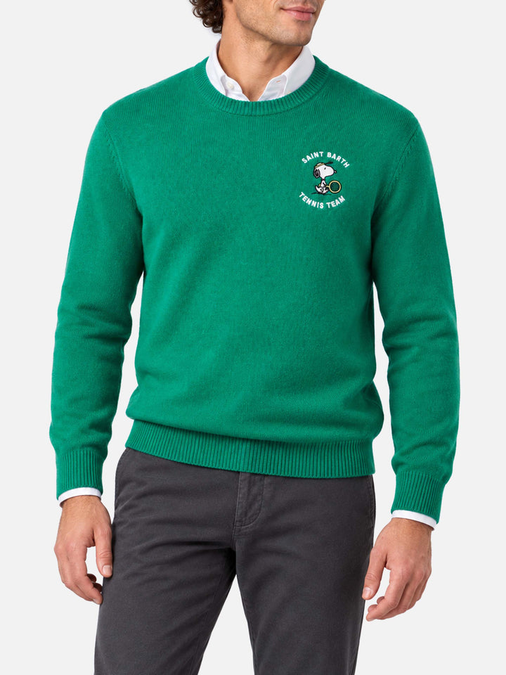 Maglia girocollo Heron verde con jacquard Snoopy tennis | Special Edition
