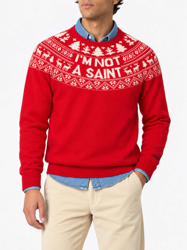 Suéter rojo Heron con jacquard Fair Isle y jacquard I'm not a Saint 