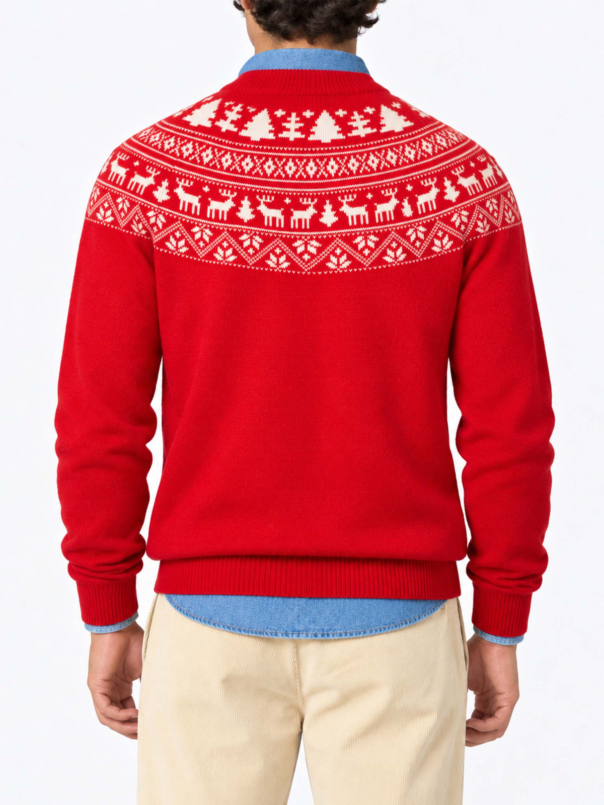 Roter Pullover Heron mit Fair-Isle-Jacquard und I'm not a Saint-Jacquard 