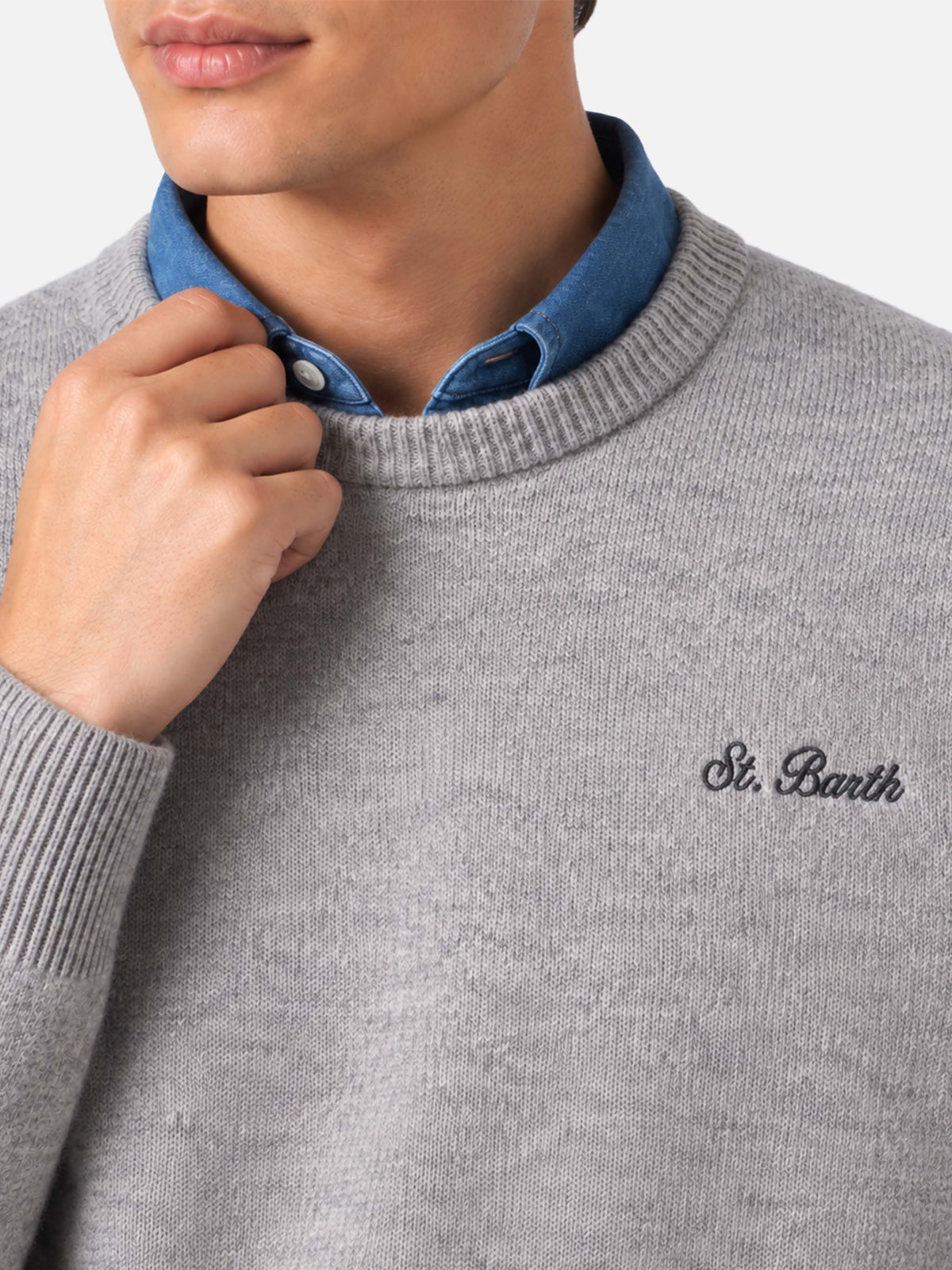 Heron Pullover in Grau Melange mit St. Barth-Stickerei 
