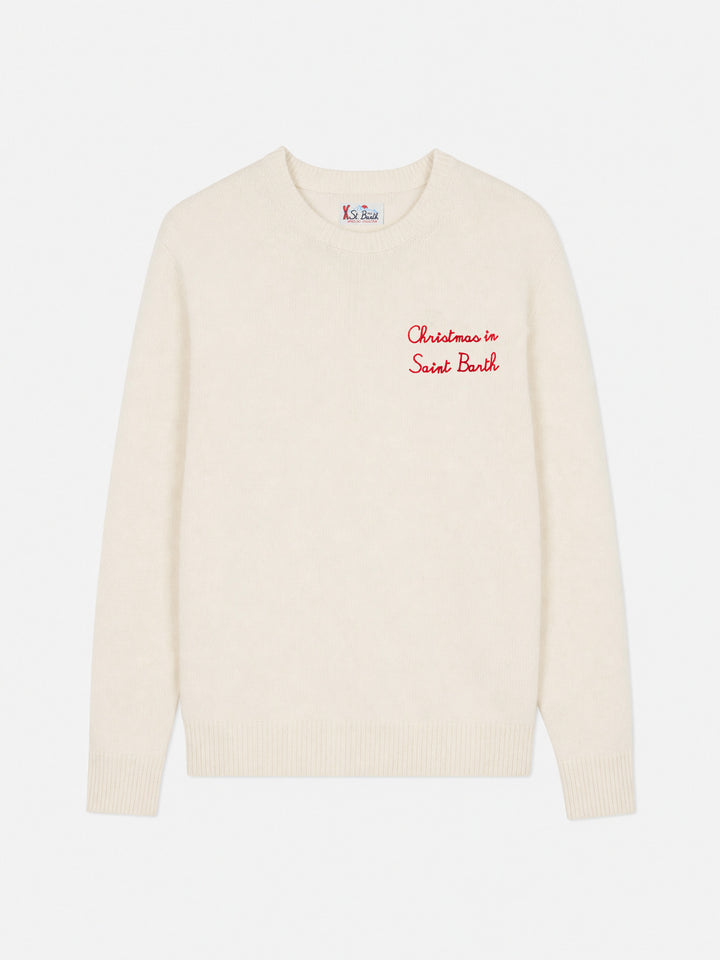 Maglia girocollo Heron bianco panna con ricamo natalizio