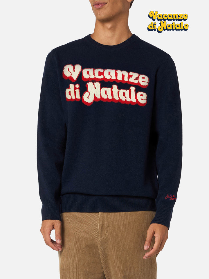 Blauer Herrenpullover Heron mit Vacanze di Natale-Logo aus Jacquard | VACANZE DI NATALE SONDERAUSGABE