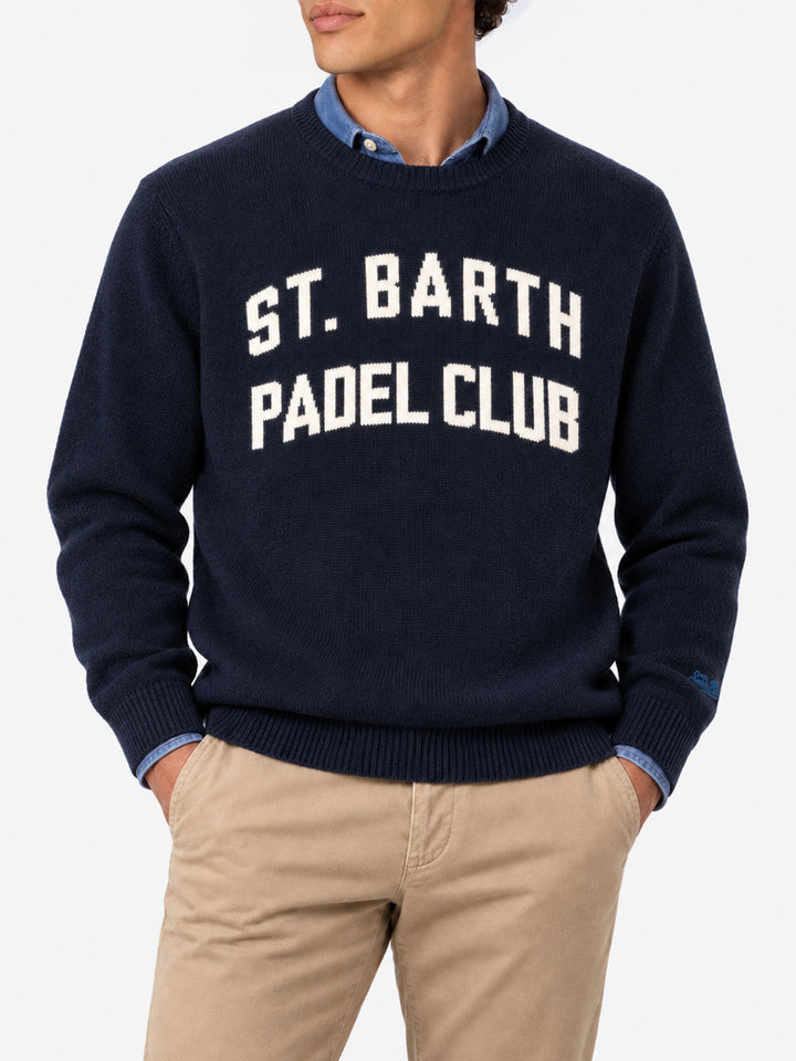 Navy blue Heron crewneck sweater with St. Barth Padel Club jacquard