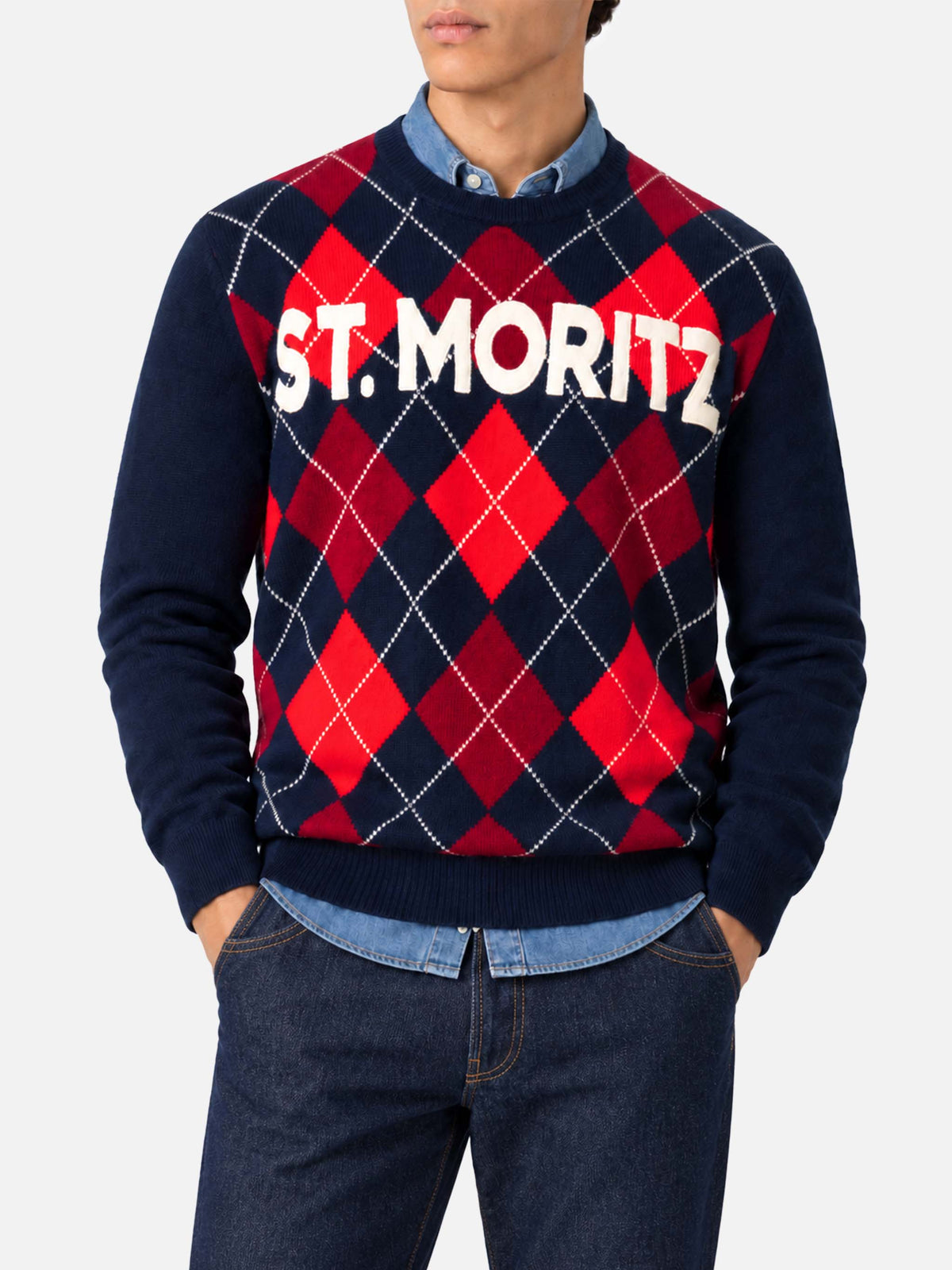 Red and blue Heron argyle sweater with St. Moritz jacquard