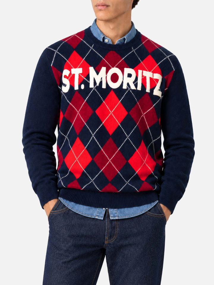 Maglione Heron rosso e blu con motivo argyle e jacquard St. Moritz