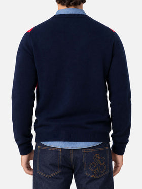 Red and blue Heron argyle sweater with St. Moritz jacquard