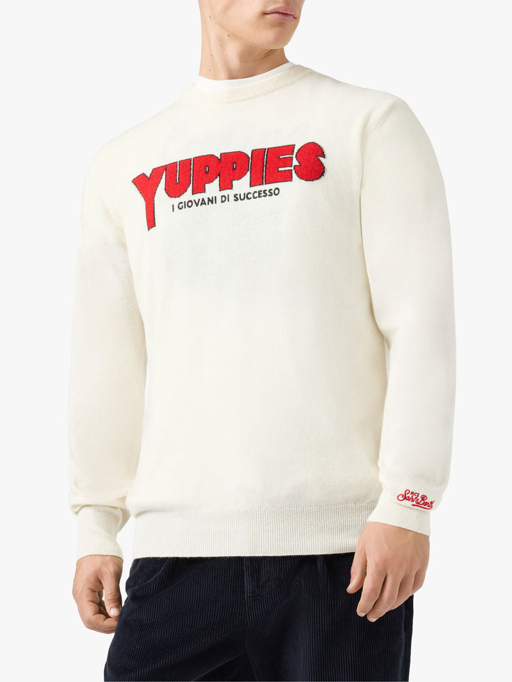 Heron Light crewneck in white with Yuppies jacquard and embroidery | YUPPIES SPECIAL EDITION