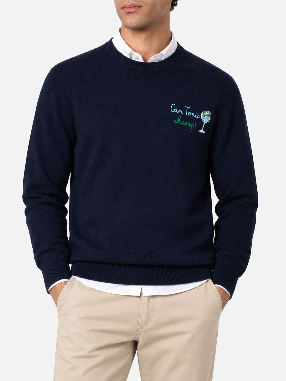Maglione Heron Light blu navy con ricamo Gin tonic champ