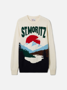 Crewneck sweater Heron with St. Moritz postcard jacquard