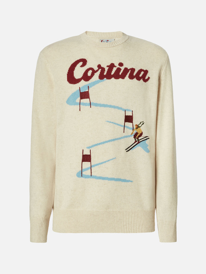 Heron sweater in beige with Cortina postcard jacquard