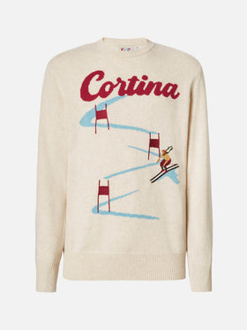 Heron crewneck in beige with Cortina postcard jacquard