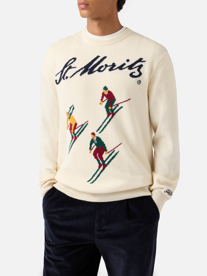 Maglione Heron bianco con jacquard cartolina St. Moritz Ski