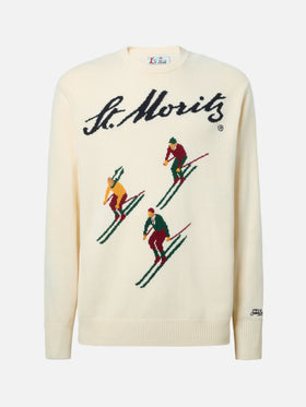 Maglione Heron bianco con jacquard cartolina St. Moritz Ski