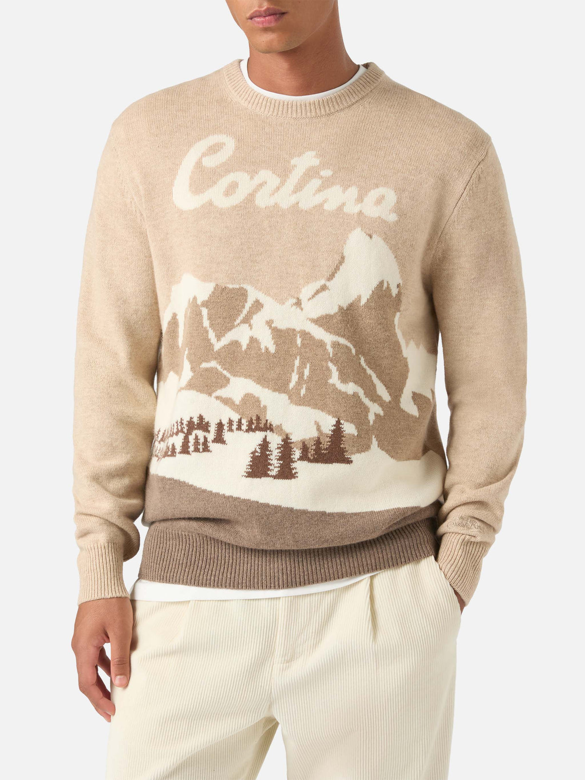 Beiger Rundhals-Strickpullover Heron mit Cortina-Intarsie 