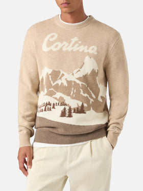 Beiger Rundhals-Strickpullover Heron mit Cortina-Intarsie 