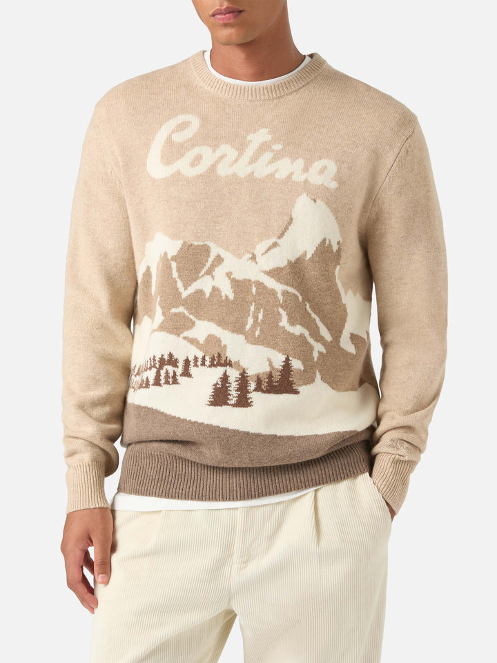 Pull ras du cou Beige Heron en maille avec intarsia Cortina 