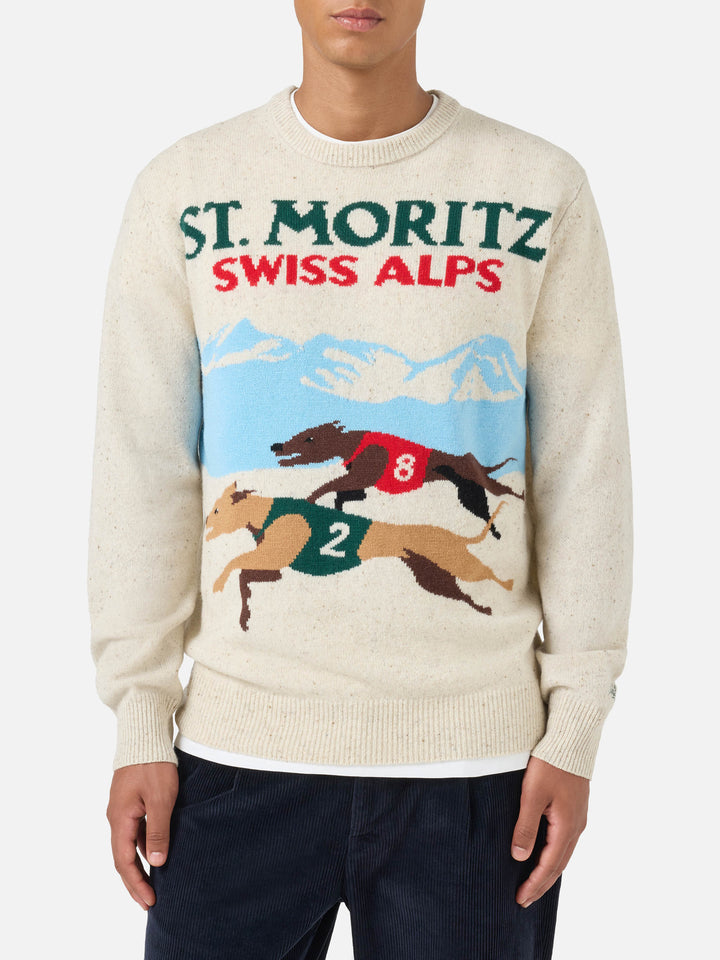 Weißer Pullover Heron mit St. Moritz-Postkartenmotiv 