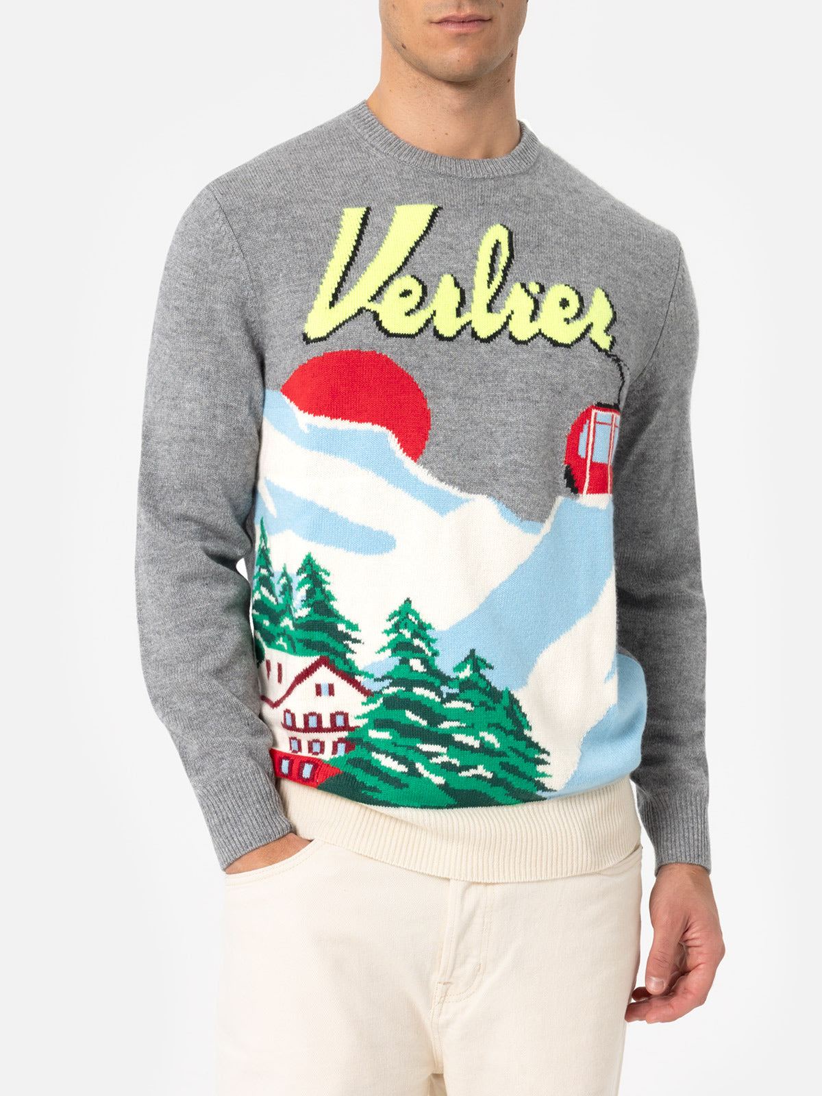 Herrenpullover aus Kaschmirmischung Heron mit Verbier-Jacquard